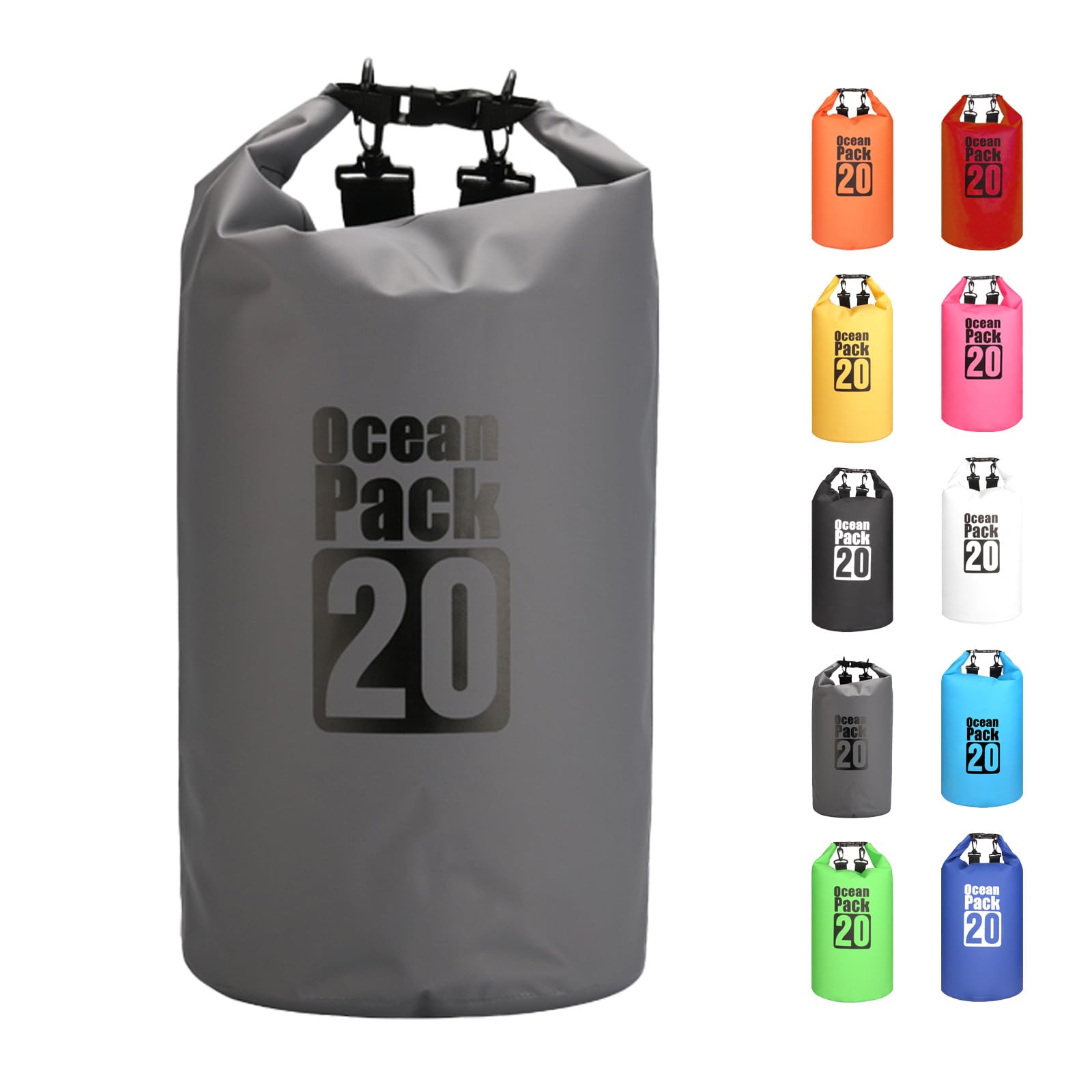 MORAINJAY 20L Grey Dry Bag,Waterproof Bag with Double Adjustable Shoulder Strap,Large Capacity Dry Sack 2L 5L 10L 15L 20L 30L for Outdoor Camping,Rafting,Swimming,Boating,Surfing