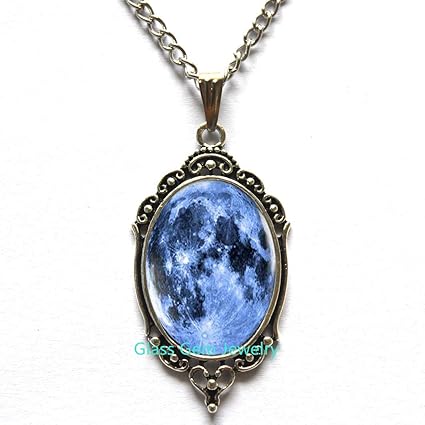 Amazon Com Blue Moon Necklace Full Moon Necklace Moon Pendant Galaxy Space Blue Necklace Moon Jewelry Q0050 Y1 Sports Outdoors