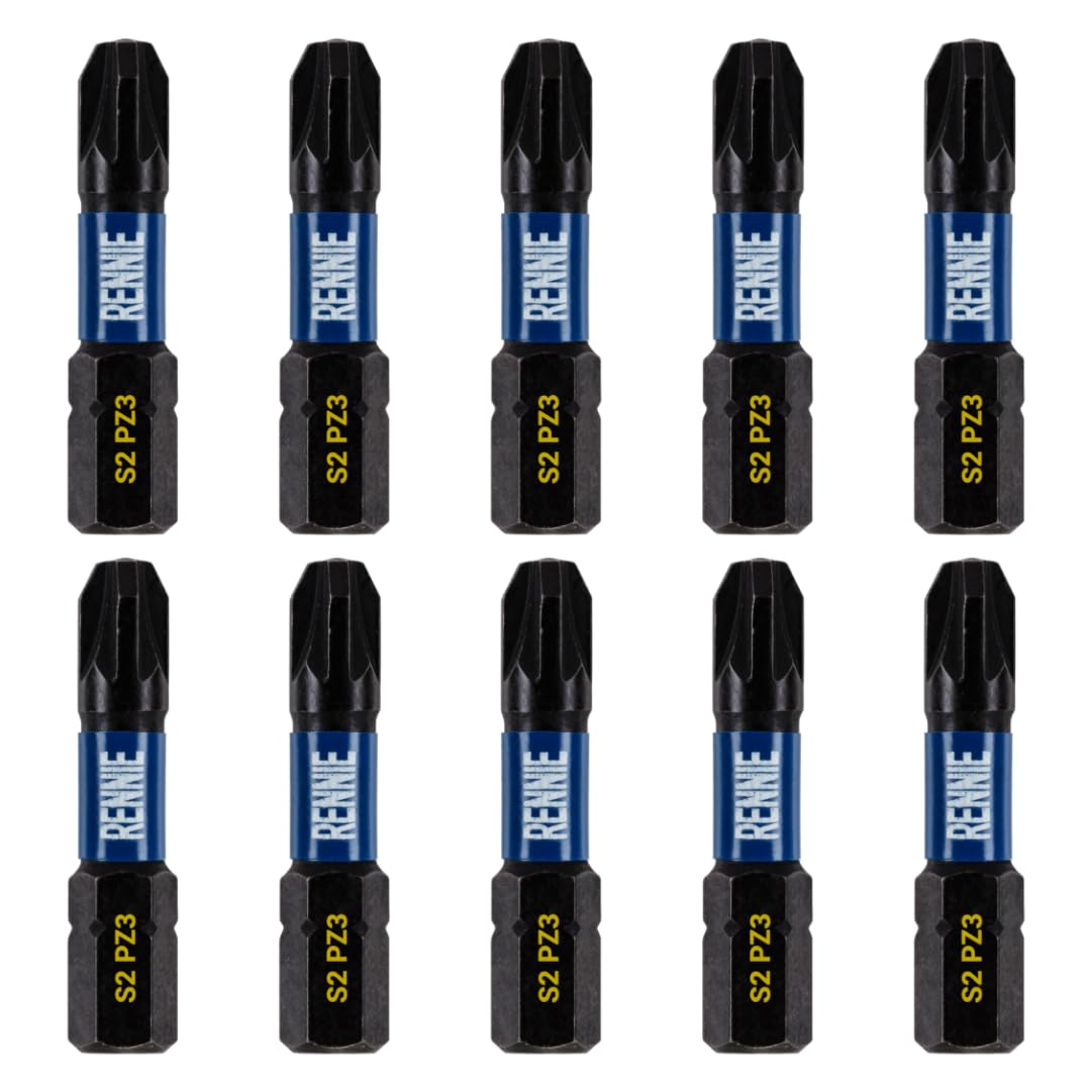 10 x Rennie Tools 32mm Long PZ3 Impact Screwdriver Driver Bits Set. Heavy Duty PoziDriv POZI No.3 Magnetic Screwdriver Bit Set. PZ3 Impact Driver Bits Pozidrive Screw Accessories.