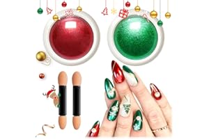 Upgraded Red Green Chrome Nail Powder BISHENGYF: 【NO.1 Super Christmas Effect】Christmas Red Chrome Nail Powder Holographic Mirror Metallic Effect Green Chrome Powder for Nail Art DIY