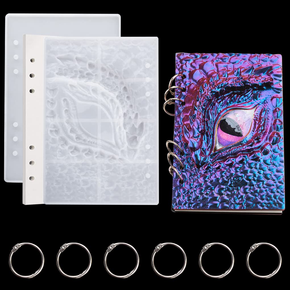 FineInno Notebook Cover Resin Mould, Dragon Eye Silicone Moulds, A5 Notebook Epoxy Resin Mould with 6 pcs Book Binder Rings and 1 Set Refill Paper