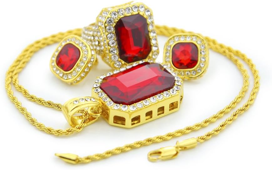 HongBoom Hip Hop Twist Chain 14K Gold Plated CZ Fully Iced-Out Red Ruby Ring Earring Necklace Set