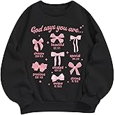 KEEVICI Cute Girls Bow Graphic Sweatshirt Christian Hoodies For Kids God Kawaii Hoodie Letter Pullover Long Sleeve Shirts Top(Black,140)