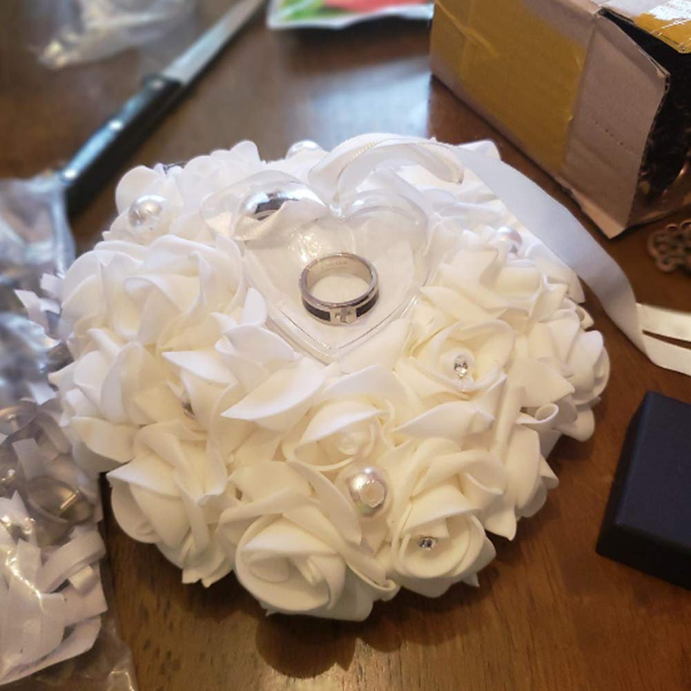 Wedding Ring Pillow, White Ring Pillow Lace Crystal Rose Wedding Heart Ring Box Ring Holder