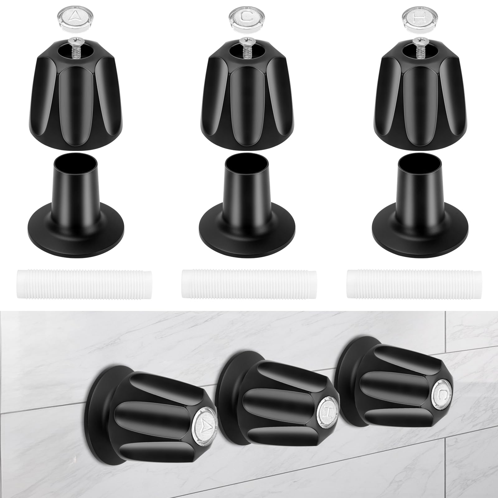 Photo 1 of Ddeetodu 3 Pcs Shower Knob Replacement, Shower Knobs 3 Piece Replacement, Tub Faucet Handle with Flange Base, Compatible with Price Pfister Verve Fits 5-1/2''H,12 Tooth Valve Stem (Matte Black)