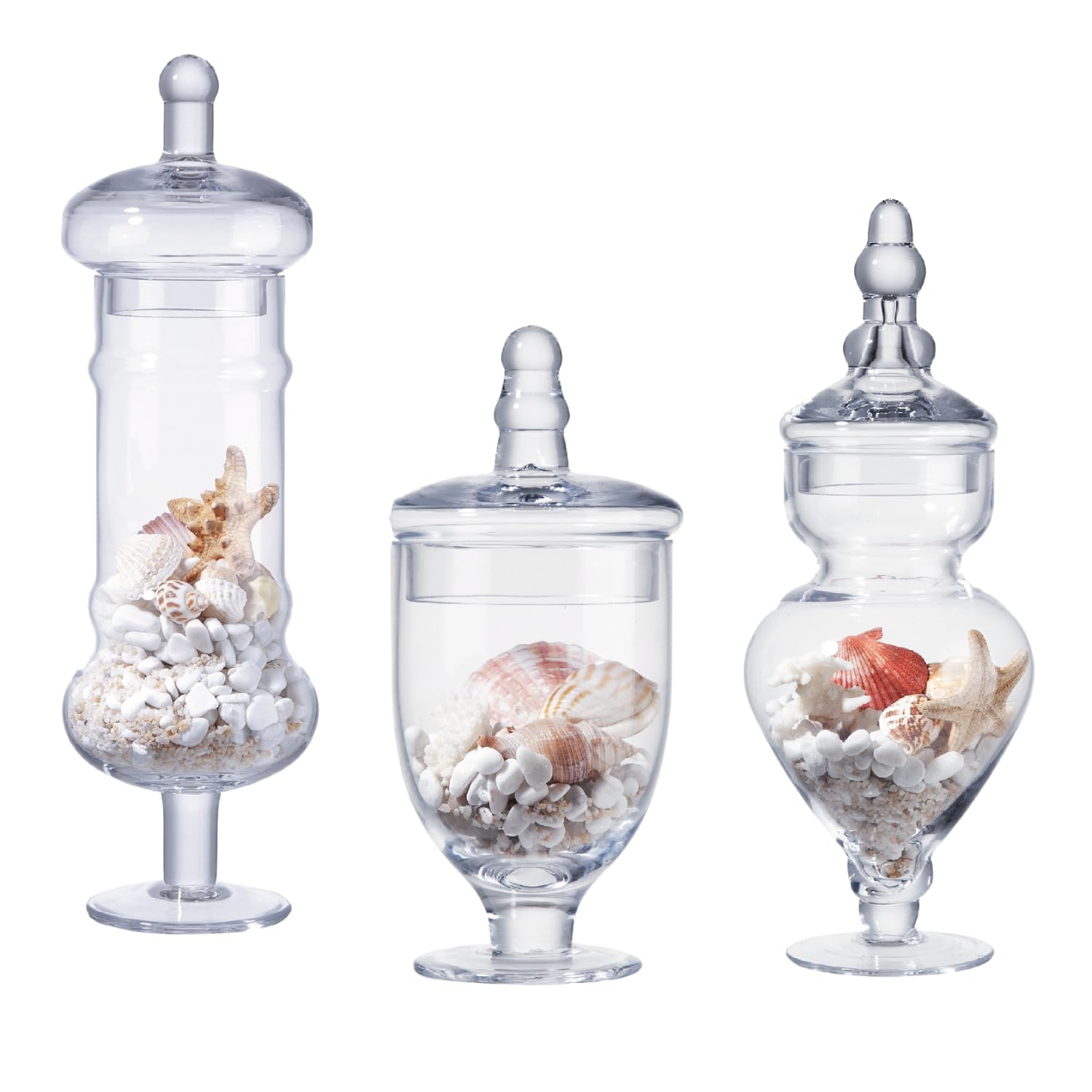 Photo 1 of Set of 3 Apothecary Jar Glass Decorative Candy Jars Elegant Storage Candy Buffet Display, Wedding Candy Organizer Canisters (H: 9", 12.5", 14"; 20 FL.OZ, 23 FL.OZ and 28 FL.OZ)