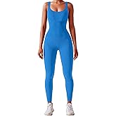 AURUZA Jumpsuit for Women Workout Seamless Jumpsuits Yoga Ribbed One Piece Tank Tops Rompers Sleeveless Exercise Jumpsuits, XL, Blue