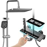 Shower Faucet Sets Complete Thermostatic Shower System Piano-Key Digital Shower Combo Wall Mounted Shower Trim Kit with 11.8" Rain Shower Head,4.5" Shower Head 2 in 1 Handheld Tub Spout (Gray)
