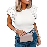 Womens Ruffle Short Sleeve Shirts Slim Fit High Neck Knit Ribbed Tops