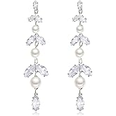 Crysdue Pearl Earrings for Women, Cubic Zirconia Long Chain Drop Dangle Earrings for Prom