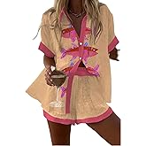 SOOKABEILA Women Graphic 2 Piece Outfit Short Sleeve Sun Print Button Up Shirt Drawstring Shorts Set Causal Beachwear