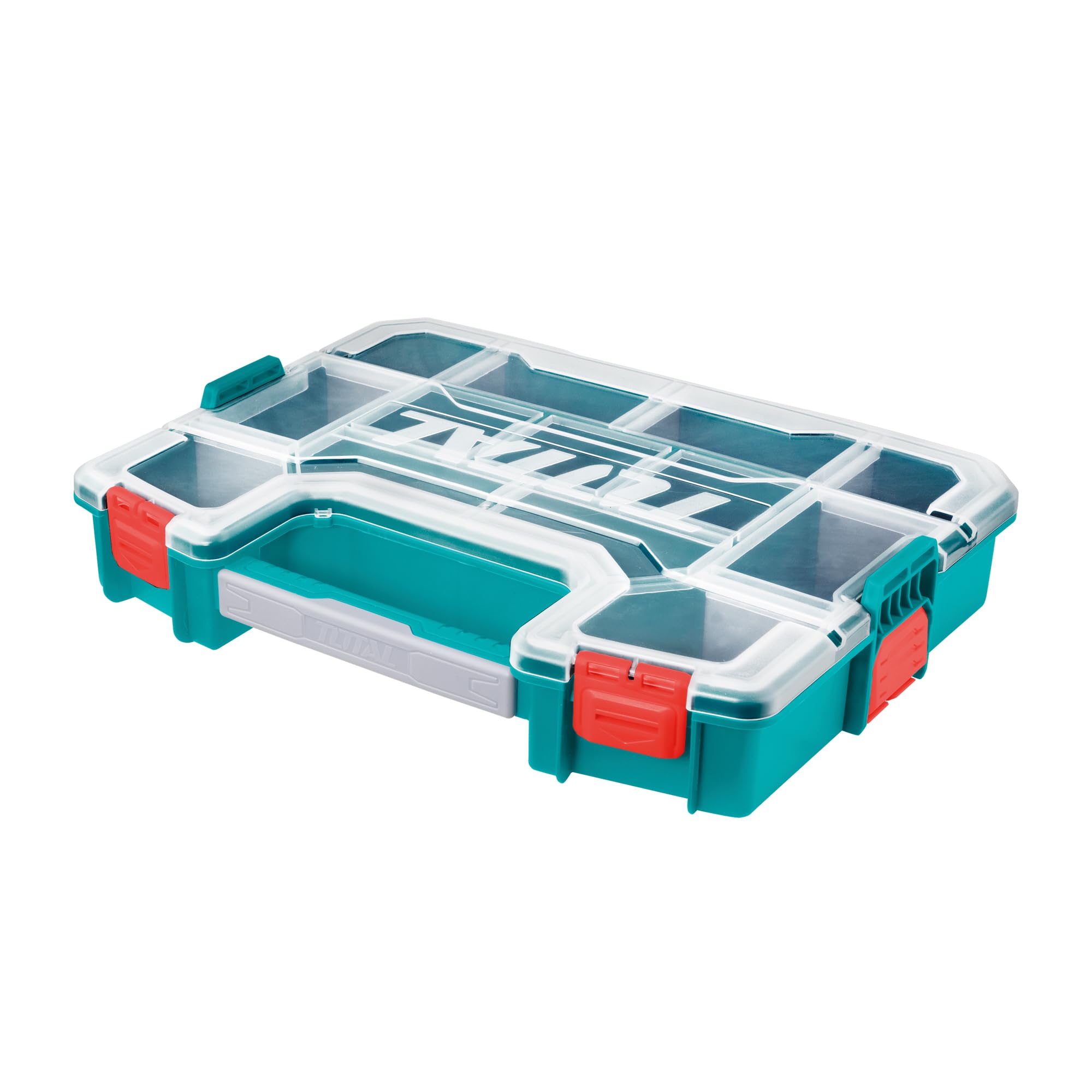 TOTAL - Stackable Plastic Organiser Box | With Handle and Transparent Lid | Rounded Corners | Durable and Sturdy | Dimensions 370 mm x 290 mm x 65 mm | Adjustable Compartments | Blue