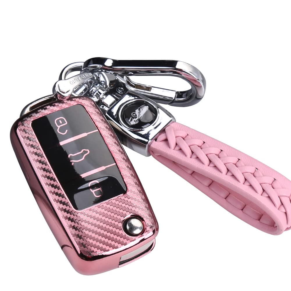 RXXR Car Key Fob Cover Compatible with VW Volkswagen Polo Golf 4/5/6 Multivan T5 Caddy Jetta Bora Superb Passat Skoda Fabia Seat Ibiza 3 Buttons Car Key Cover Case with Keychain
