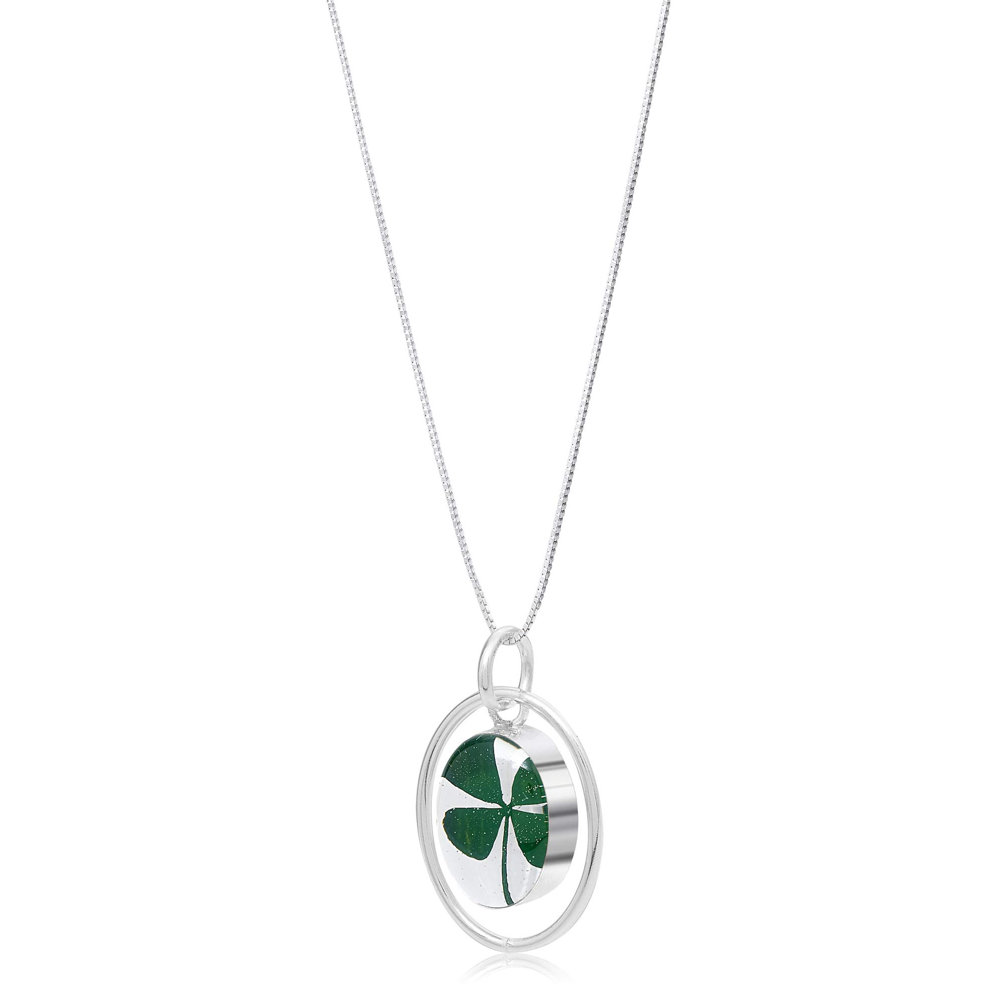 Shrieking Violet 925 Sterling Silver Oval Hoop Real Flower Pendant Necklace - Four-Leaf Clover (Green)