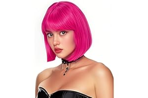 Rose bud Hot Pink Bob Wig with Fringe 12 Inch Short Straight Costume Wigs for Women Cosplay Party Halloween