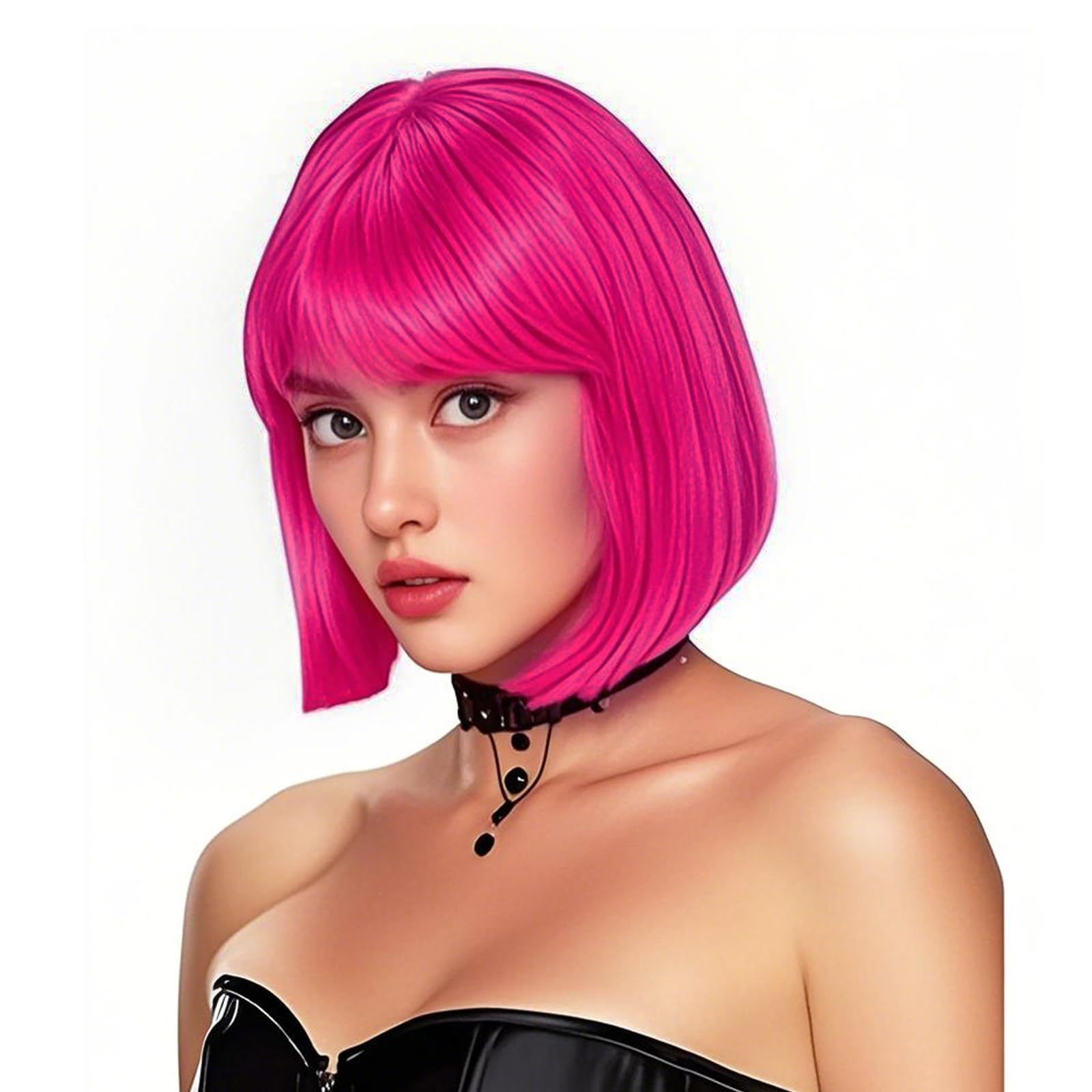 Photo 1 of Rose  Hot Pink Bob Wig with Fringe 12 Inch Short Straight Costume Wigs for Women Cosplay Party Halloween