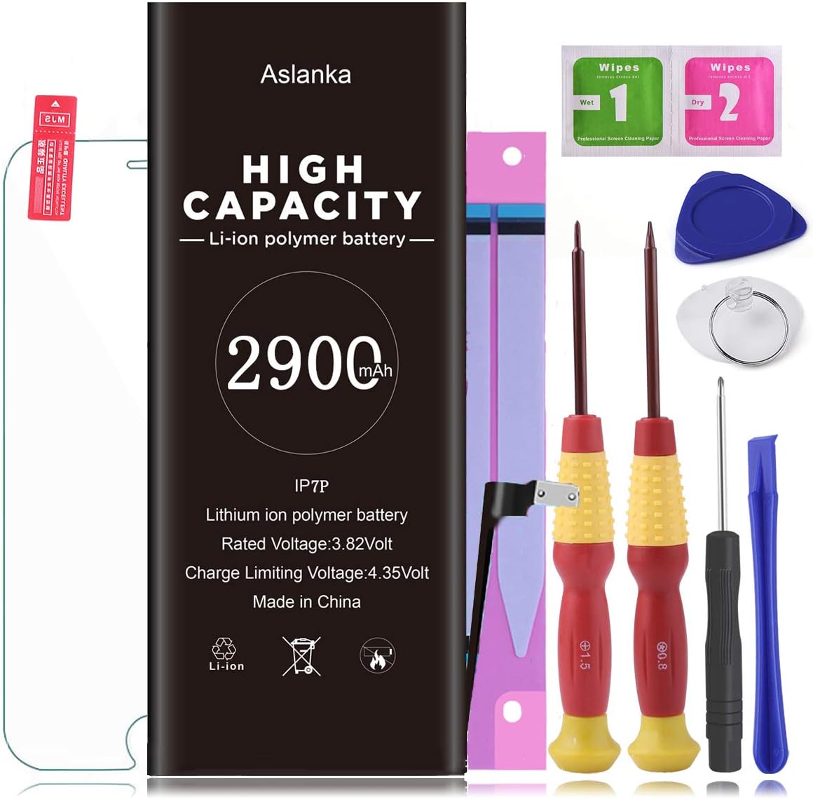 Aslanka Battery for iP7 Plus, New 0 Cycle of 2900mAh Replacement Battery, Full Set of Repair Tools Include Adhesive & Instruction and Screen Protector -(2 Year Warranty)