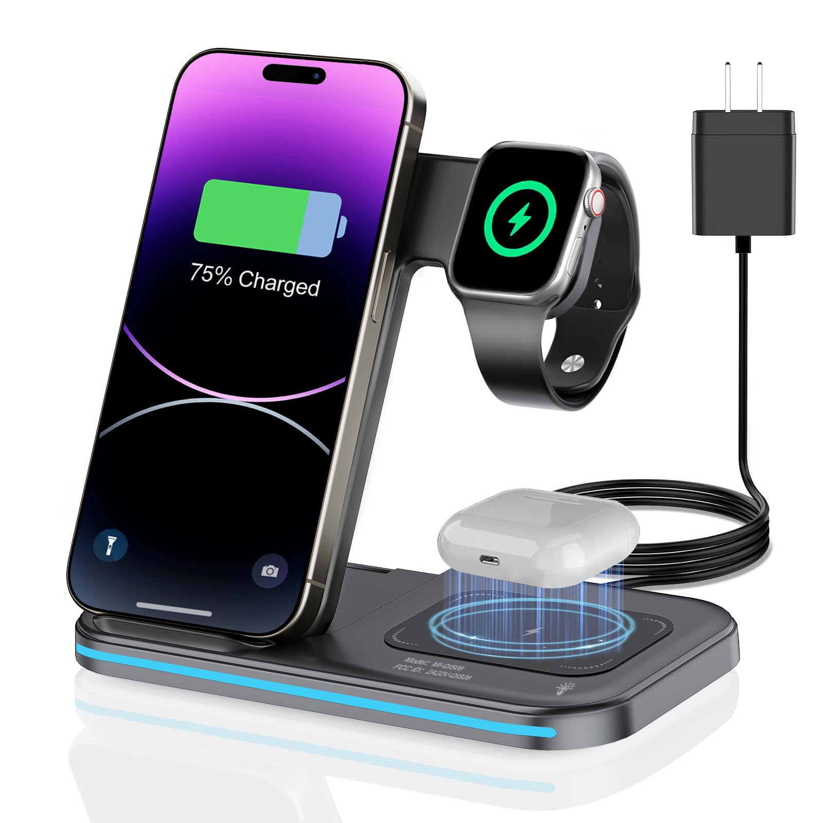 Photo 1 of 3 in 1 Charging Station Wireless Charger lPhone Foldable Charging Stand for Multiple Devices with Quick Charger for lPhone 16/15/14/13 Pro Max Watch AriPods Pro 2