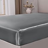 BEDELITE Satin Fitted Sheet Queen with Elastic Corner Straps, Luxury Soft Silk-Like Bed Sheet for Hair & Skin, 1 Deep Pocket Fitted Sheet Only Fits 15" Mattress, Fade & Wrinkle Resistant, Dark Grey