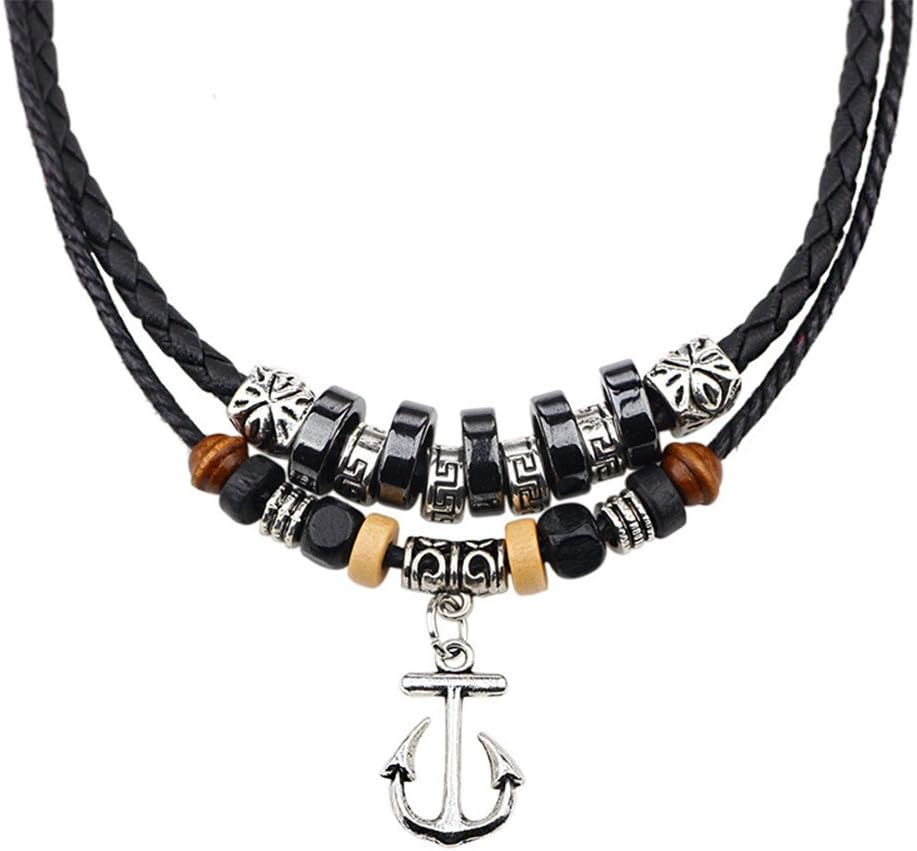 Gyand Vintage Style Pendant Charm Boho Necklace with Double Layers Braided Leather Cord Chain