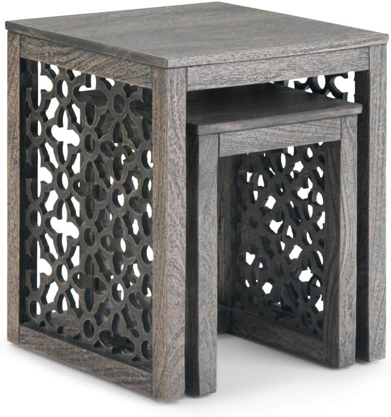 Simpli Home Polly Solid Mango Wood 17 inch wide Square Rustic Contemporary 2 Pc Nesting Table in Barnwood Brown, Fully Assembled, for the Living Room and Bedroom: Furniture & Decor
