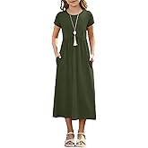 Girl's Summer Short Sleeve Loose Dress Casual Crewneck Empire Waist Long Maxi Dresses for Kids with Pockets 5-14 Years