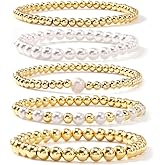 Bohxantium Pearl Gold Beaded Bracelets for Women Boho Dainty 14K Gold Plated Bracelet Stack Stretch Pearl Beads Ball Charm Stackable Non Tarnish Trendy Jewelry Set Accessories Friendship Gift