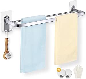 Toalleros Baño Acero Inoxidable, Toallero Adhesivo Sin Taladro 58cm Barra Doble con Doble Ganchos -2 Ganchos Pequeños y Guantes como REGALO, MENNYO ...