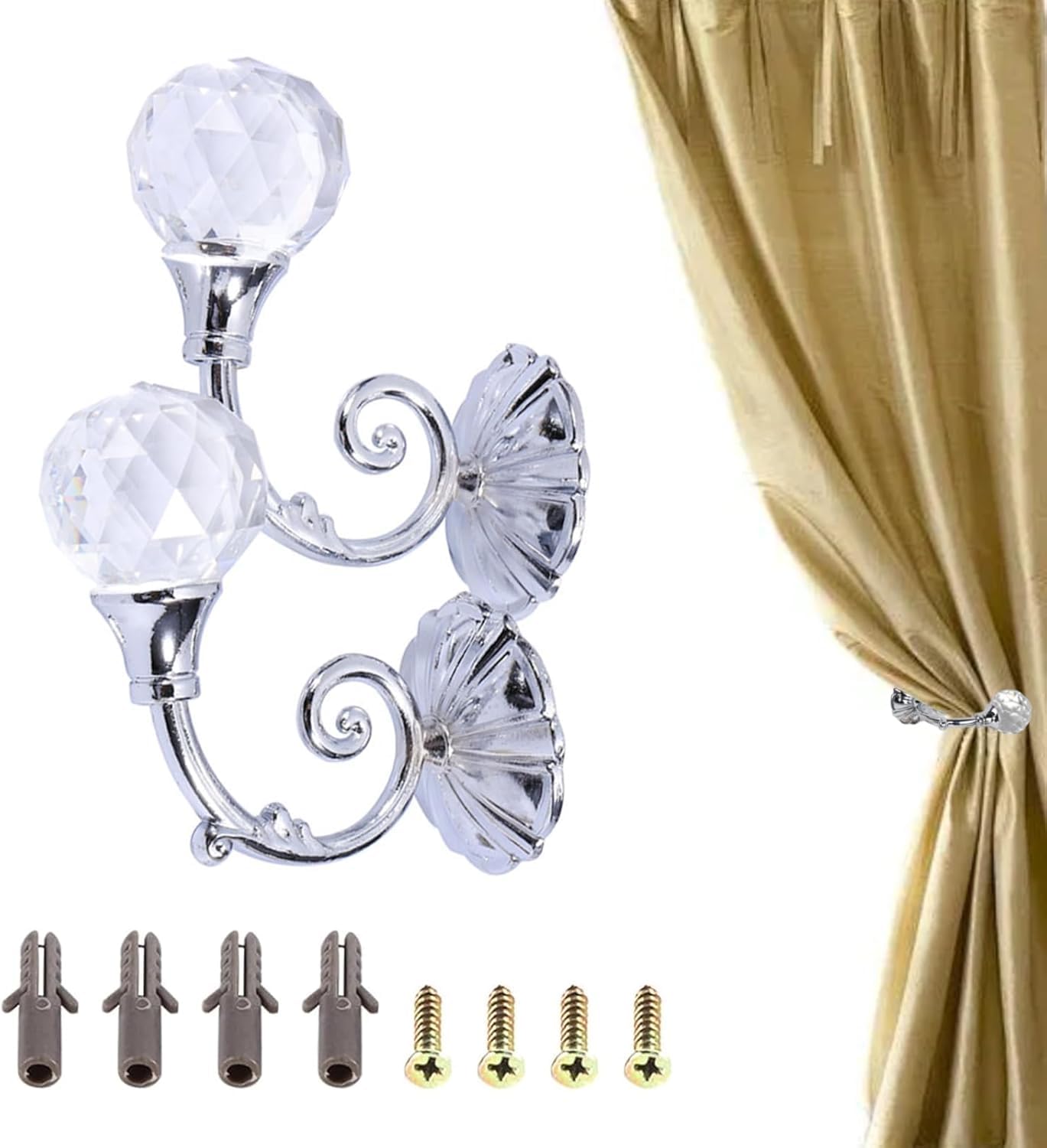 Crystal Curtain Holdbacks, 1pair Metal Crystal Glass Curtain Holdback Drapery Tieback Hooks Hanger for Wall Window, Drapery Wall Mounted Hooks Bubble Crystal Ball Decor Curtain Tie Backs (Silver)