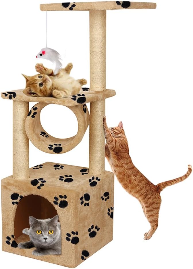 Makall 36inch Deluxe Faux Fur Level Cat Activity Tree, Kitten Climbing Tower Condo House with Sisal Scratching Posts, Protect Furniture with Play House