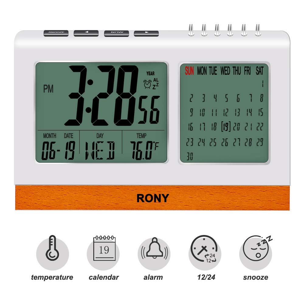 Digital Alarm Clock Battery Operated for Heavy Sleeper, Kids, RONY Desk Clock for office with Snooze, Calendar, Temperature Display(℉/℃)