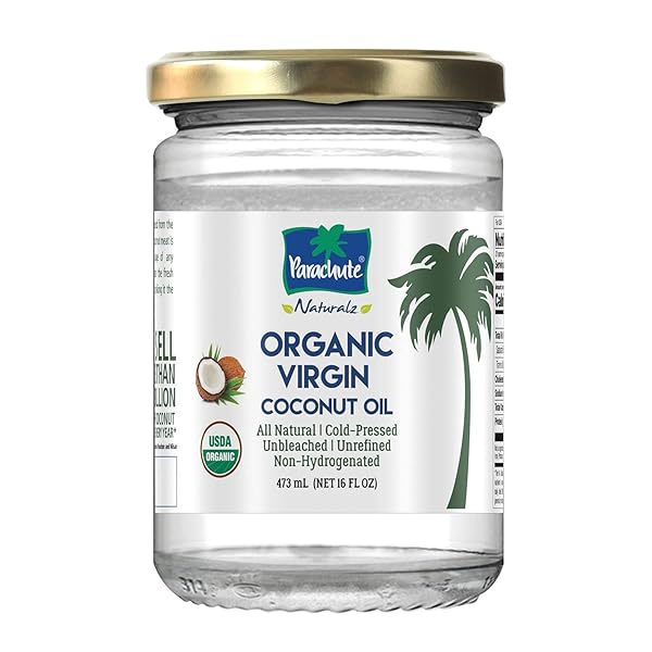 “PARACHUTE NATURALZ ORGANIC VIRGIN COCONUT OIL | COOKING OIL, HAIR OIL, BODY OIL & OIL PULLING | COLD PRESSED | UNBLEACHED | UNREFINED | NON-HYDROGENATED | MCT OIL | USDA CERTIFIED |16 FL. OZ | GLASS JAR”