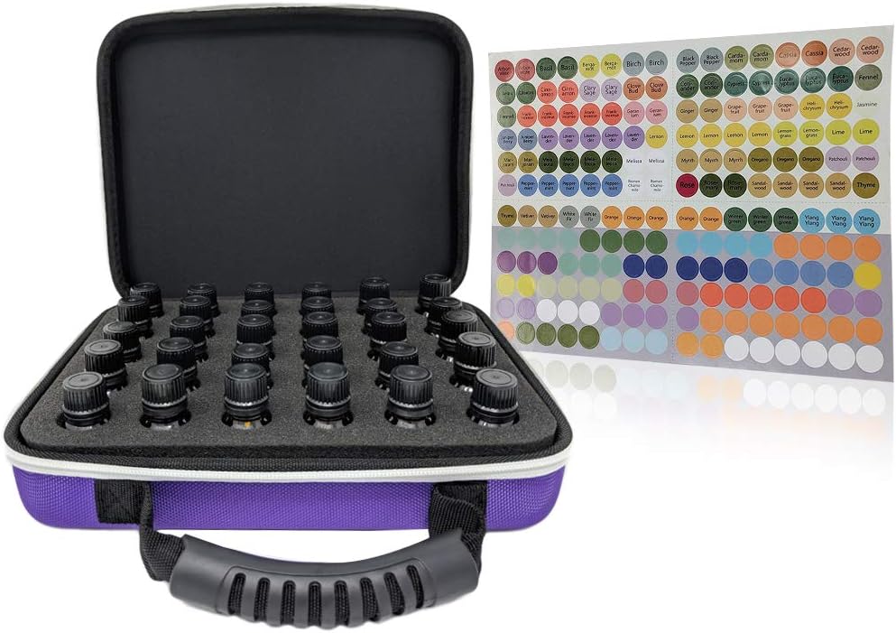 Essential Oils Carrying Case - Hard Shell Travel Case Perfect for Essential Oil Storage - Comes with Labels, Foam Insert, Carrying Handle (30 Bottles, Purple)