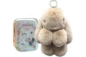 LIGIDAR Bunny Lulu keychain with tin, handmade soft and cute rabbit pompom pendant, suitable for girls and women