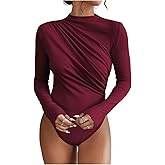 SweatyRocks Women's Bodysuit Mock Neck Casual Ruched Long Sleeve Jumpsuit