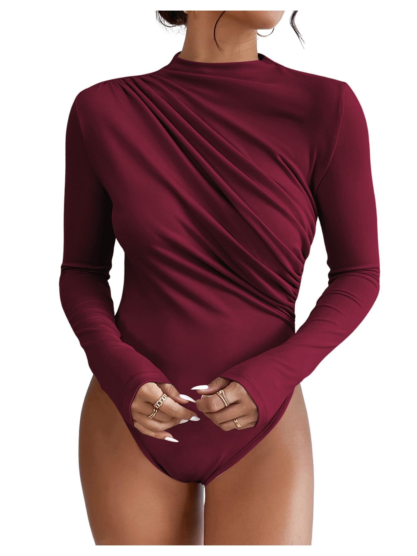 Photo 1 of ***MINOR HOLE*** SweatyRocks Women's Bodysuit Mock Neck Casual Ruched Long Sleeve Jumpsuit Burgundy X-Small