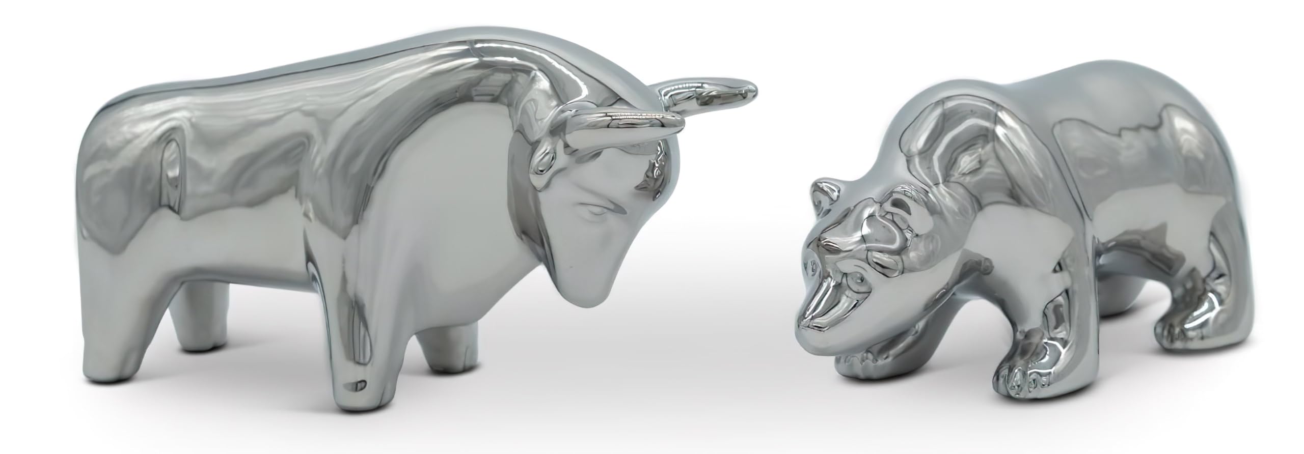 FeinKnick Ceramic Sculpture Bull and Bear as a Symbol for Economy and Stock Exchange - Modern Decorative Figure in Silver Ceramic - Decorative Figures Pair as Desk Decoration - Figure for Living Room