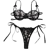 Lilosy Sexy Tie Side Cute Underwire Push Up Strappy Embroidered Mesh Sheer Lingerie Set