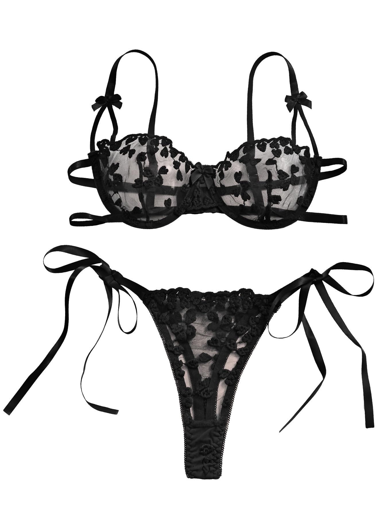 Photo 1 of Lilosy Petite Sexy Tie Side Cute Underwire Push Up Strappy Embroidered Mesh Sheer Lingerie Set Women See Through Bra and Panty 2 Piece Bow Black 3X-Small