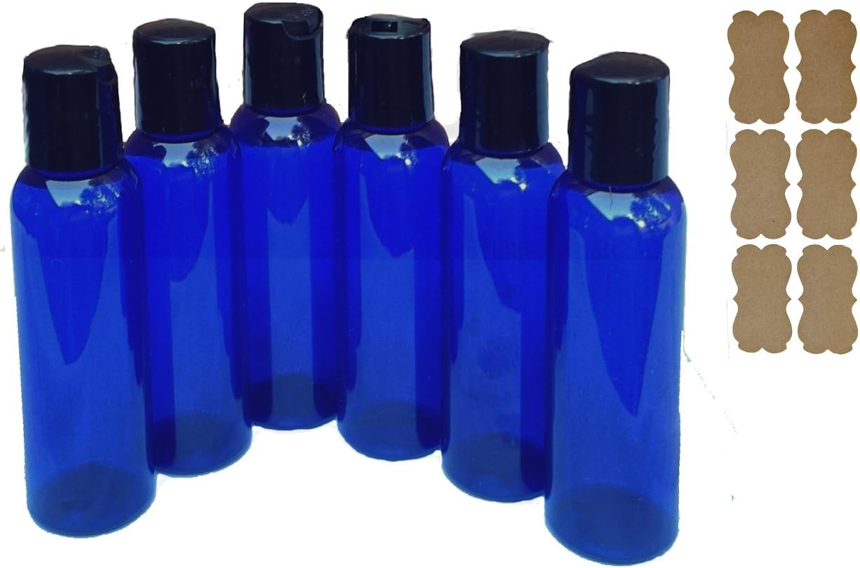 SanDaveVA 2 oz Plastic  Bottles  Blue Durable and Reuseable PET Plastic Qty 6 w/Smooth Black Disc Top Caps 2oz  60ml  Plus Kraft Labels