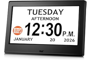 PASTIGIO 7'' Digital Clock, Dementia Clock With Date And Time, 10 Reminders, 6 Alarms, Auto-Dimming, Auto DST, Remote Control, Large Display Alarm Clock For Seniors, Gifts For People With Dementia, Alzheimers