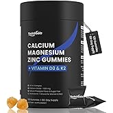 Calcium Magnesium Zinc Gummies Supplements for Women, Calcium Citrate 1200 mg with Vitamin D3 & K2 for Adults, Chewable with Potassium Boron for Bone, Muscle & Immune Support, Sugar Free, Vegan