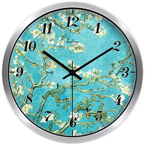 DALIANGE Wall Clock Art Clock Van Gogh Apricot Flowers Oil Painting Wall Clock Living Room Decorative Wall Clocks, Mute, 12 inch, Silver Box 1