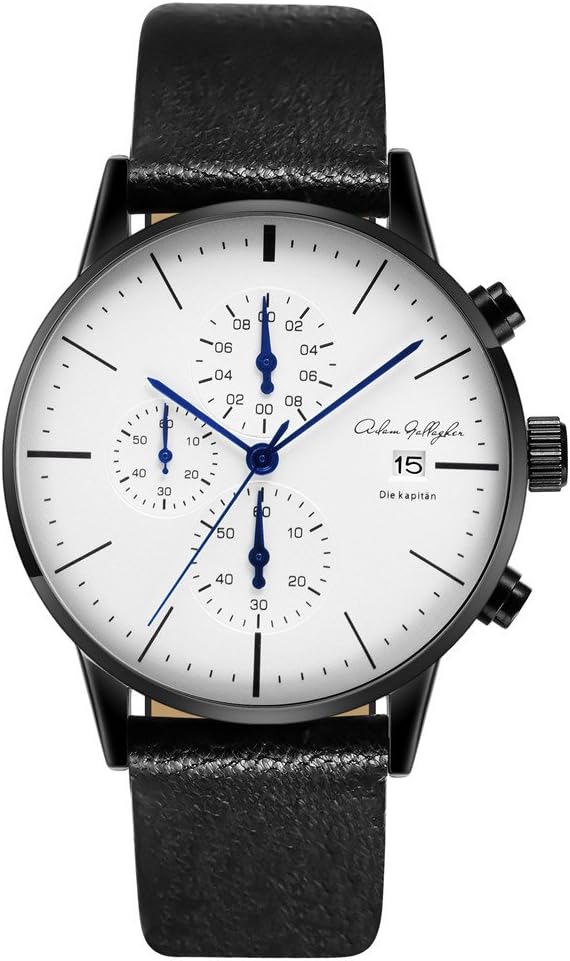 Men Wrist Watch 8mm thickness 43mm width Quartz Sport Analog Chronograph Waterproof Calendar Date Function Japanese Movement Black Genuine Leather Band