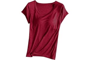 Womens Shirts with Built in Bra Short Sleeve Shirts Summer Casual Athletic Workout Yoga Shelf Bra Padded T Shirts Tops