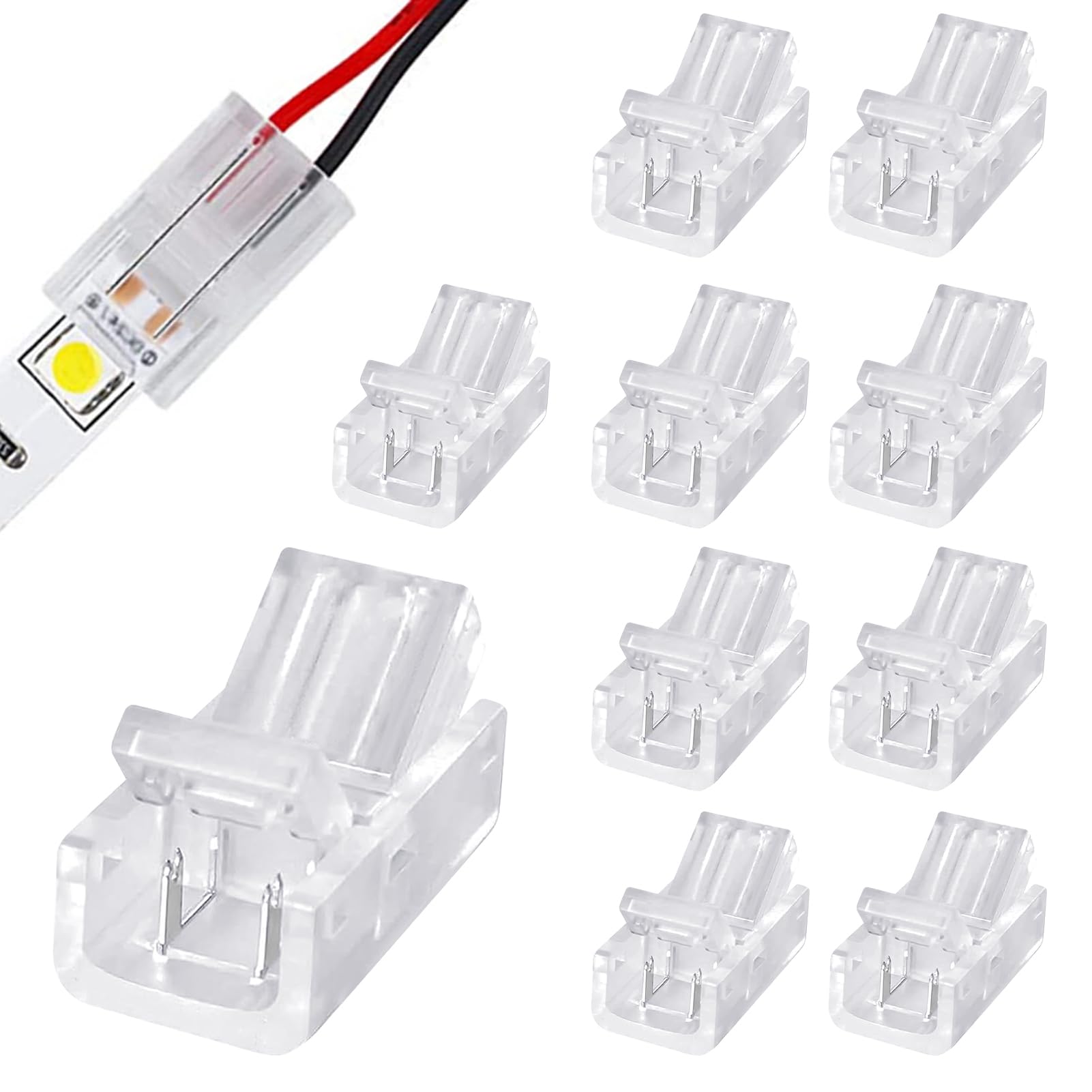 10Pcs 2 Pin 8mm COB LED Strip Light Connectors, Reusable 8mm Wide Unwired Gapless Solderless Connector Connection Strip to Wire Quick Connector Adapter for Waterproof LED Strip Lights [Energy Class A]