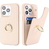 Lipvina for iPhone 15 Pro Case with Card Holder,Credit Card Holder,Ring Stand Kickstand,Shockproof Cute Phone Wallet Case for Women (6.1 inch,Beige)