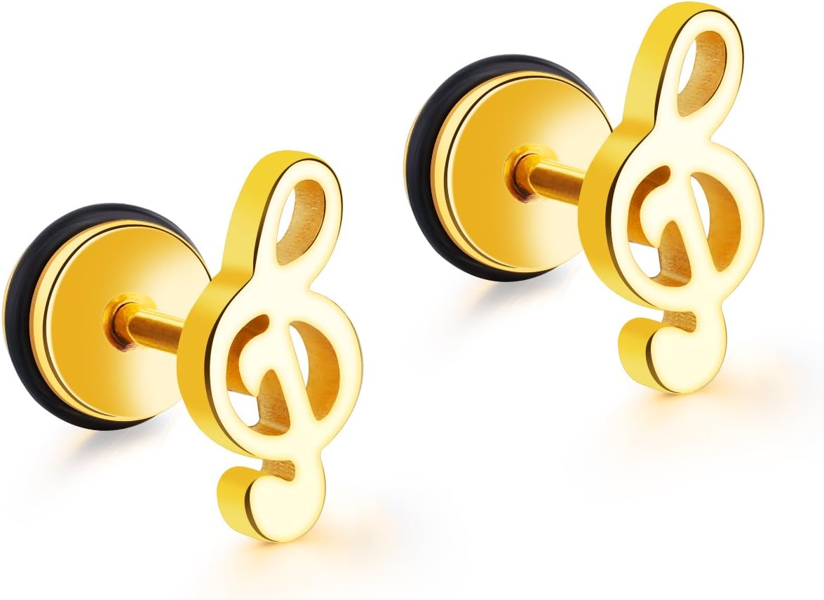 Ellalin Music Musical Note Design Black/ Silver/ Gold Small Stud Earrings Stainless Steel Jewelry For Men