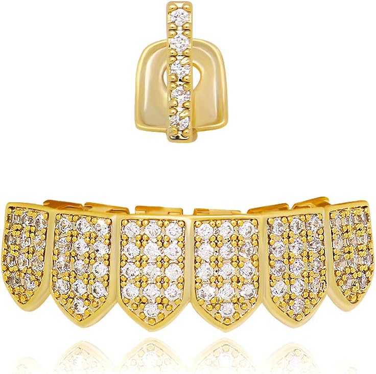 LuReen 14k Gold Silver Pave Full CZ Bar Grillz Teeth Top and 6 Bottom Set Grills + Extra Molding Bars