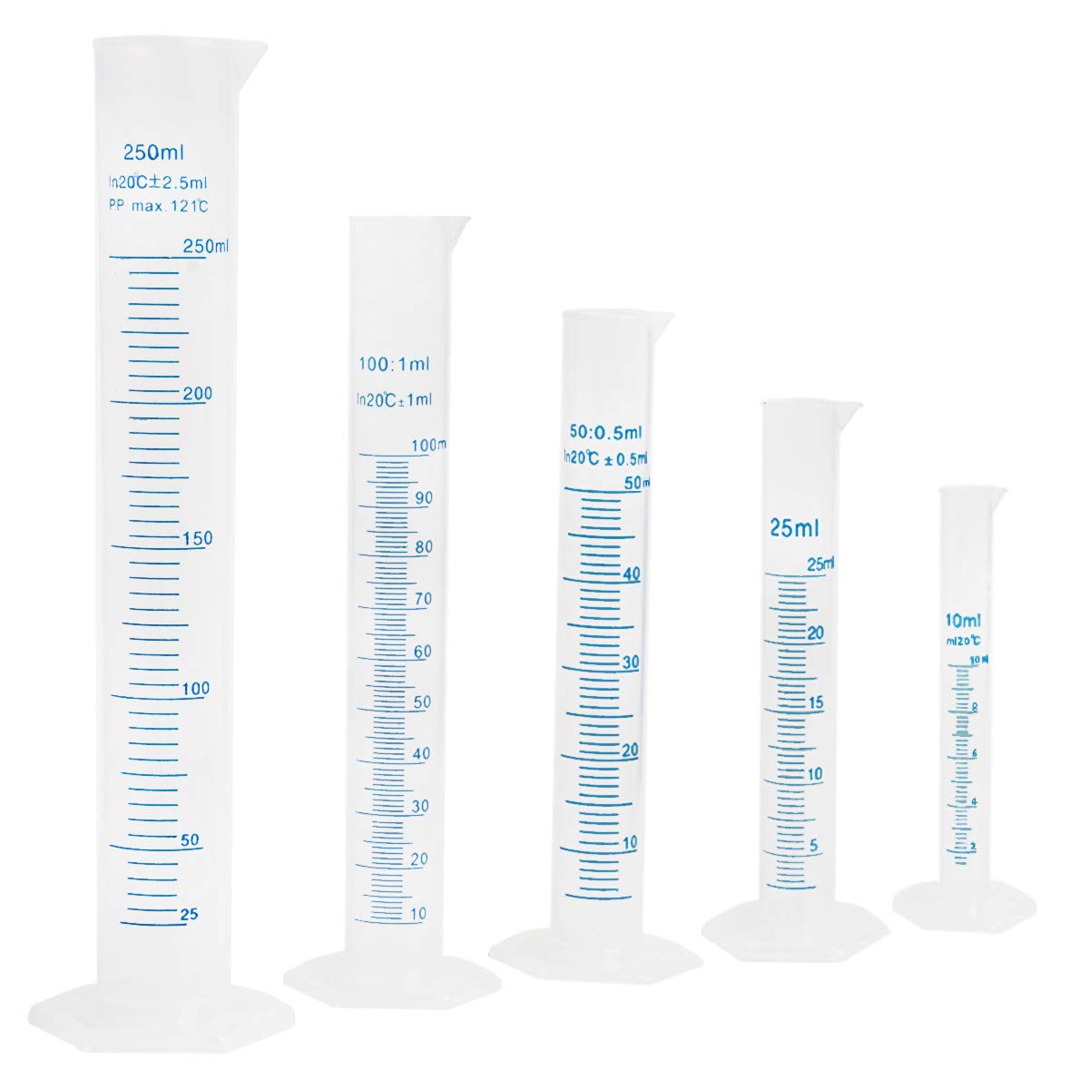 Ira Pollitt Set Of 5 Plastic Graduated Cylinder Scientific Plastic Measuring Cylinder Lab Test Tube 5 Sizes 10ml 25ml 50ml 100ml 250ml Pp Material Hexagonal Base Amazon Com Industrial Scientific